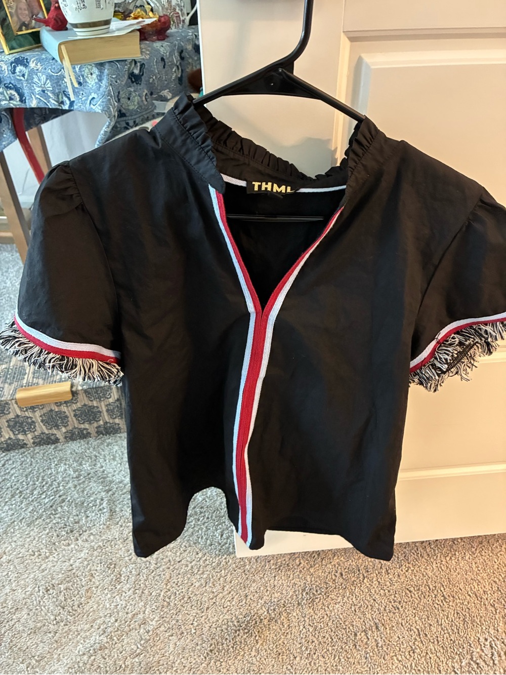 THML Black Top with Red and Light Blue Trim and Fringe Sleeves